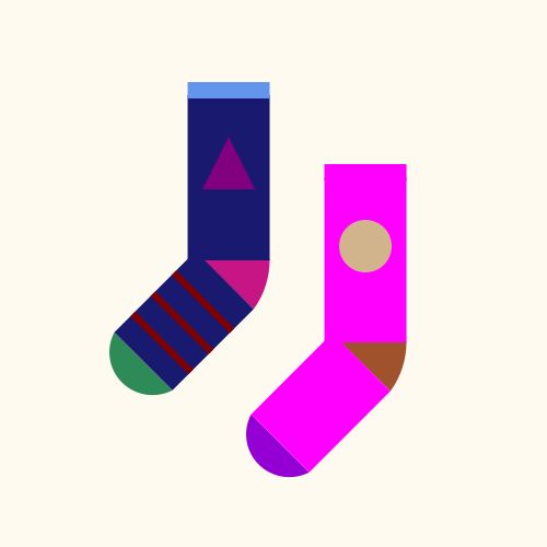 Two socks: One is a MidnightBlue sock with a MediumVioletRed heel, a SeaGreen toe, and a CornflowerBlue cuff, with a Purple triangle on the leg and three Maroon stripes on the foot, and the other is a Fuchsia sock with a Sienna heel, a DarkViolet toe, and a Magenta cuff, with a Tan circle on the leg, all on a FloralWhite background. 