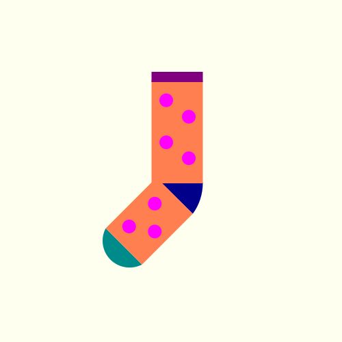 One sock: It is a Coral sock with a DarkBlue heel, a DarkCyan toe, and a Purple cuff, with  Magenta polkadots, all on an Ivory background. 