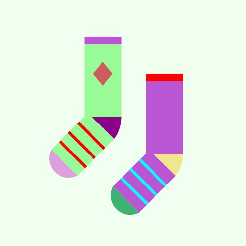 Two socks: One is a PaleGreen sock with a DarkMagenta heel, a Plum toe, and a MediumOrchid cuff, with an IndianRed diamond on the leg and three Red stripes on the foot, and the other is a MediumOrchid sock with a Khaki heel, a MediumSeaGreen toe, and a Red cuff, with  three Cyan stripes on the foot, all on a Honeydew background. 