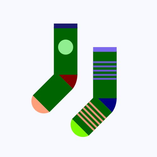 Two socks: One is a DarkGreen sock with a Maroon heel, a LightSalmon toe, and a MidnightBlue cuff, with a LightGreen circle on the leg, and the other is a DarkGreen sock with a Navy heel, a LawnGreen toe, and a MediumSlateBlue cuff, with five SlateBlue stripes on the leg and five DarkSalmon stripes on the foot, all on a GhostWhite background. 