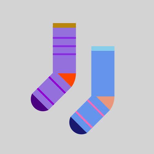 Two socks: One is a MediumPurple sock with an OrangeRed heel, an Indigo toe, and a DarkGoldenrod cuff, with three BlueViolet stripes on the leg and two DarkViolet stripes on the foot, and the other is a CornflowerBlue sock with a DarkSalmon heel, a MidnightBlue toe, and a SkyBlue cuff, with  two HotPink stripes on the foot, all on a LightGray background. 