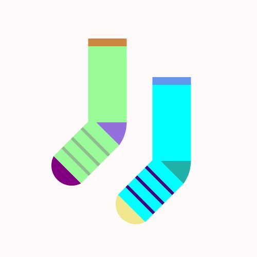 Two socks: One is a PaleGreen sock with a MediumPurple heel, a Purple toe, and a Peru cuff, with  three DarkSeaGreen stripes on the foot, and the other is an Aqua sock with a LightSeaGreen heel, a Khaki toe, and a CornflowerBlue cuff, with an Aqua circle on the leg and three Indigo stripes on the foot, all on a Snow background. 