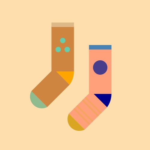 Two socks: One is a Peru sock with an Orange heel, a DarkSeaGreen toe, and a Burlywood cuff, with three MediumAquamarine dots in a triangle on the leg, and the other is a LightSalmon sock with a DarkBlue heel, a Goldenrod toe, and a SteelBlue cuff, with a DarkSlateBlue circle on the leg and four SandyBrown stripes on the foot, all on a NavajoWhite background. 