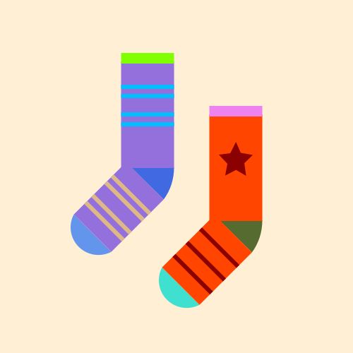 Two socks: One is a MediumPurple sock with a RoyalBlue heel, a CornflowerBlue toe, and a Chartreuse cuff, with four DeepSkyBlue stripes on the leg and four Burlywood stripes on the foot, and the other is an OrangeRed sock with a DarkOliveGreen heel, a Turquoise toe, and a Violet cuff, with a DarkRed star on the leg and three DarkRed stripes on the foot, all on a PapayaWhip background. 