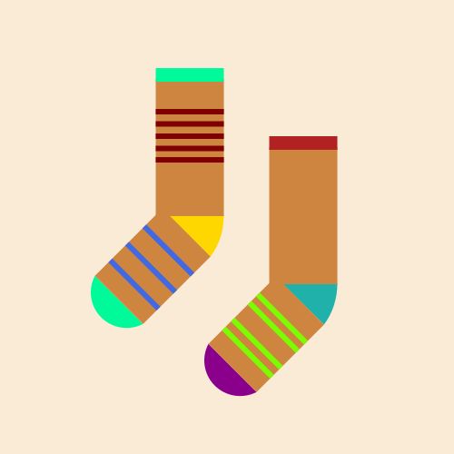 Two socks: One is a Peru sock with a Gold heel, a MediumSpringGreen toe, and a MediumSpringGreen cuff, with five Maroon stripes on the leg and three RoyalBlue stripes on the foot, and the other is a Peru sock with a LightSeaGreen heel, a DarkMagenta toe, and a Firebrick cuff, with  four LawnGreen stripes on the foot, all on an AntiqueWhite background. 