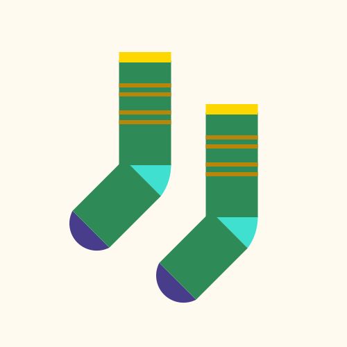 Two socks: Both are a SeaGreen sock with a Turquoise heel, a DarkSlateBlue toe, and a Gold cuff, with four DarkGoldenrod stripes on the leg, all on a FloralWhite background. 