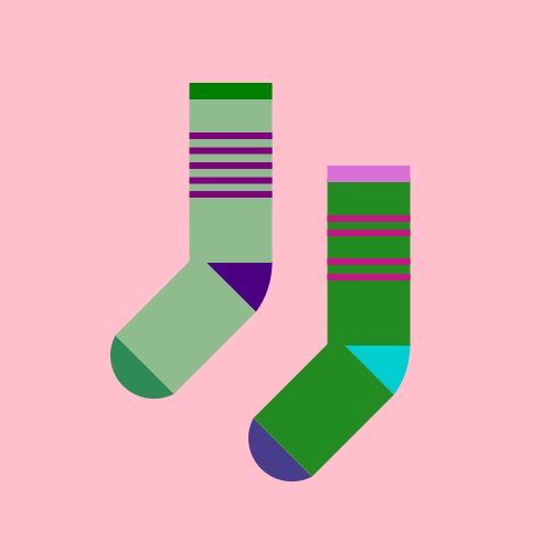 Two socks: One is a DarkSeaGreen sock with an Indigo heel, a SeaGreen toe, and a Green cuff, with five Purple stripes on the leg, and the other is a ForestGreen sock with a DarkTurquoise heel, a DarkSlateBlue toe, and an Orchid cuff, with four MediumVioletRed stripes on the leg, all on a Pink background. 