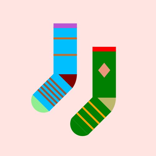 Two socks: One is a DeepSkyBlue sock with a Maroon heel, a LightGreen toe, and a MediumOrchid cuff, with two Chocolate stripes on the leg and five Sienna stripes on the foot, and the other is a Green sock with a DarkKhaki heel, a Green toe, and a Red cuff, with a DarkSalmon diamond on the leg and three Orange stripes on the foot, all on a MistyRose background. 