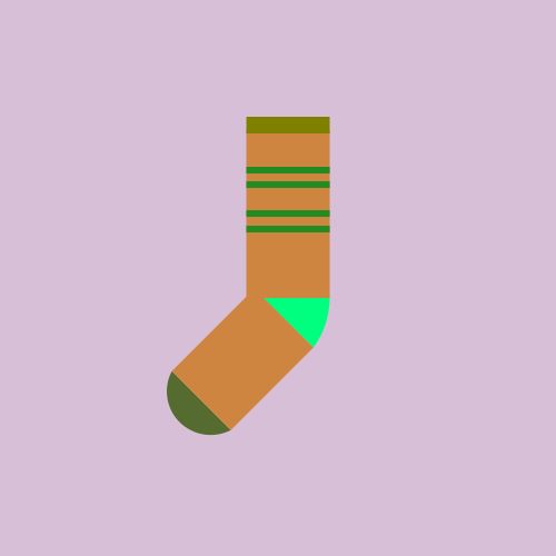 One sock: It is a Peru sock with a SpringGreen heel, a DarkOliveGreen toe, and an Olive cuff, with four ForestGreen stripes on the leg, all on a Thistle background. 