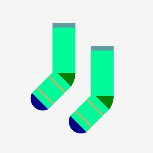 Two socks: Both are a MediumSpringGreen sock with a Green heel, a DarkBlue toe, and a CadetBlue cuff, with  two DarkKhaki stripes on the foot, all on a WhiteSmoke background. 