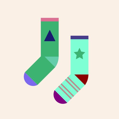 Two socks: One is a MediumSeaGreen sock with a MediumAquamarine heel, a MediumSlateBlue toe, and a PaleVioletRed cuff, with a MidnightBlue triangle on the leg, and the other is an Aquamarine sock with a DarkRed heel, a Purple toe, and a DarkSlateBlue cuff, with a MediumSeaGreen star on the leg and four RosyBrown stripes on the foot, all on a Linen background. 