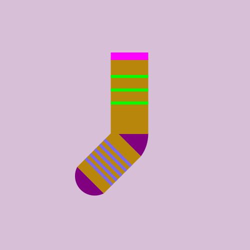 One sock: It is a DarkGoldenrod sock with a Purple heel, a Purple toe, and a Magenta cuff, with three Lime stripes on the leg and five MediumSlateBlue stripes on the foot, all on a Thistle background. 