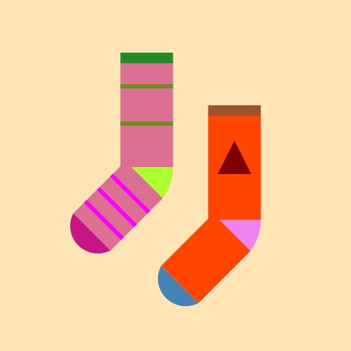 Two socks: One is a PaleVioletRed sock with a GreenYellow heel, a MediumVioletRed toe, and a ForestGreen cuff, with two OliveDrab stripes on the leg and three Magenta stripes on the foot, and the other is an OrangeRed sock with a Violet heel, a SteelBlue toe, and a Sienna cuff, with a Maroon triangle on the leg, all on a Moccasin background. 