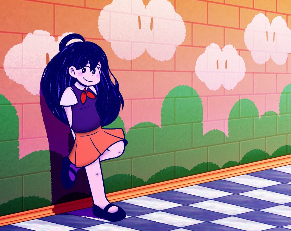 A perspective scene of Mari from OMORI in the Parallel Lobby; a room from B3313, a Super Mario 64 rom hack.

Mari is in her Headspace appearance with pale white skin, sketchy dark hair, a purple top with short white sleeves, and a orange skirt. She's leaning against the wall with her arms behind her back and one leg raised up against it. She looks at the viewer with a warm and welcoming smile.

The room has black and white checkerboard floor tiles. A yellow lip runs along the bottom of the wall to seperate it from the floor. The wall is built with marble bricks and painted to resemble a vivid sunset, with a valley of green pill-shaped mountains and bubbly clouds with dot eyes. The paint subtly dips into the gaps of the brickwork, highlighted further by the dark shadow Mari casts against it.