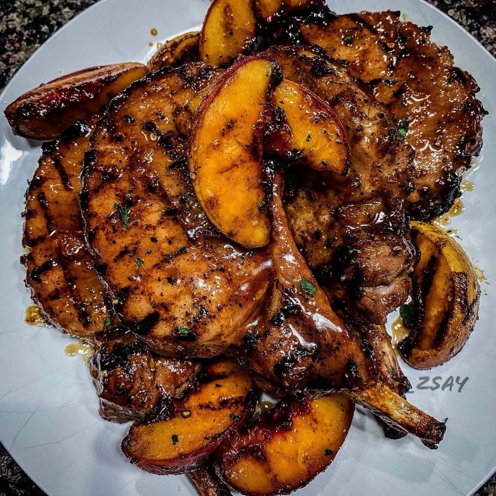 grilled pork chops with a bourbon, brown sugar, & peach glaze and grilled peaches