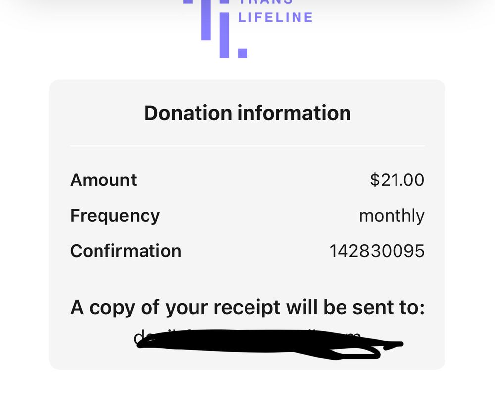 monthly donation receipt to trans lifeline