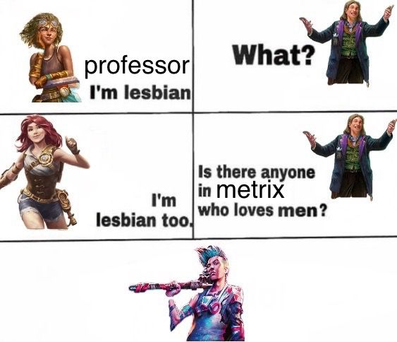 comic created by a friend based on this script:

Puffin: Professor I’m lesbian
Teklovossen: That’s okay sweetie i love you anyway
Dash: I’m also gay
Teklovossen: does anyone in Metrix like men
Maxx: