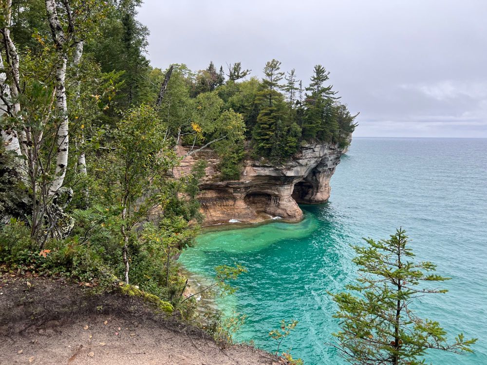 A picture of the aforementioned pictured rocks. the water is beautiful blue green and clear, the cliffs are pockmarked with large cave like holes. there are trees on it: a mix of birch, evergreen and other trees.