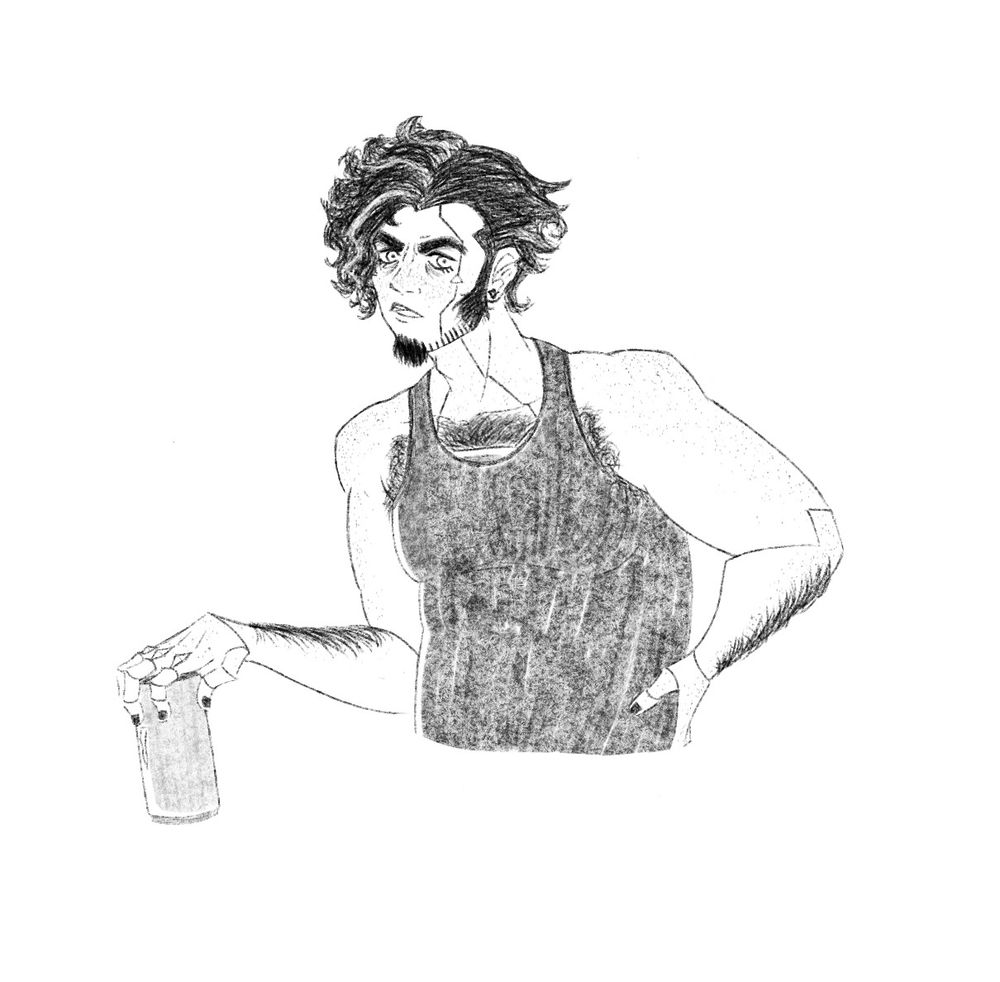 Razz slouching (as usual), one hand resting on that strong, massive back while the other is holding a drink that may or may not be Monster Energy.