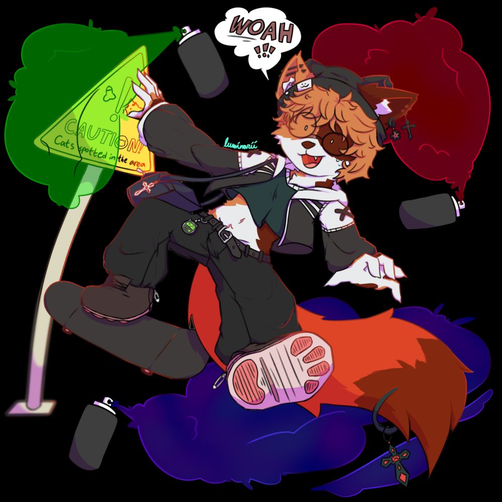 This art depicts a character, Cenythe, tripping on a skateboard, with spray paint cans creating a chaotic pop of color. There is a sign on the back, a joke of cats being in the area.