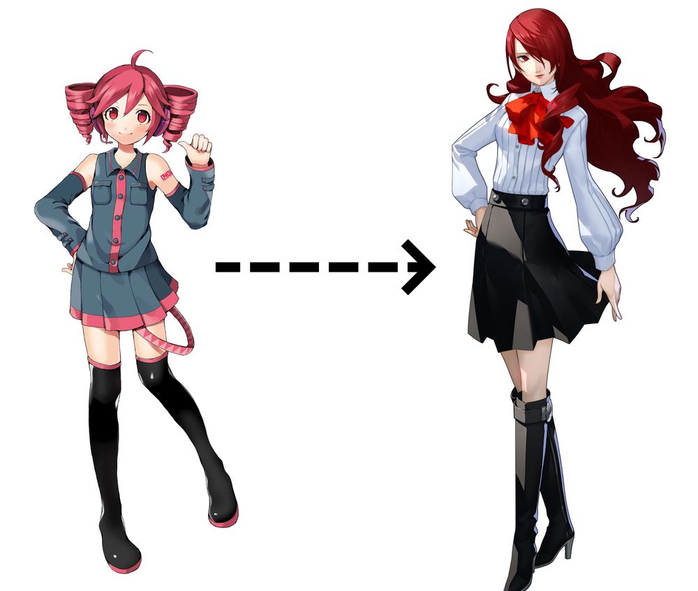 kasane teto then an arrow pointing to mitsuru kirijo