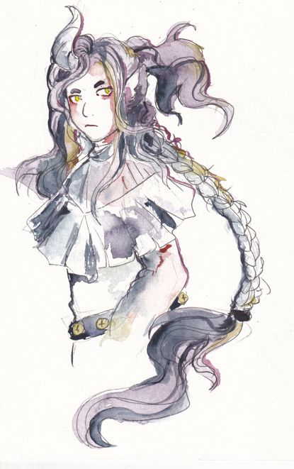 A watercolour illustration of a pouting person with billowing wavy hair surrounding them