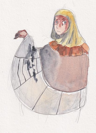 A person draped in several layers of fabric looking across their shoulder back at the viewer. They seem very spooked.