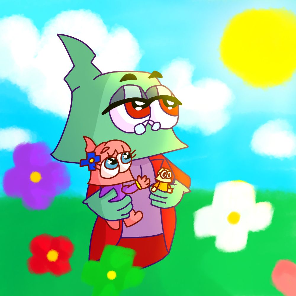 a mint green and purple sock person in a red jacket is carrying a little light red and purple sock child in one of their hands. in their other hand is the child's yellow and cream colored doll. they're in a sunny field with several brightly colored flowers floating around them. for whatever reason the larger sock person is staring directly at the sun