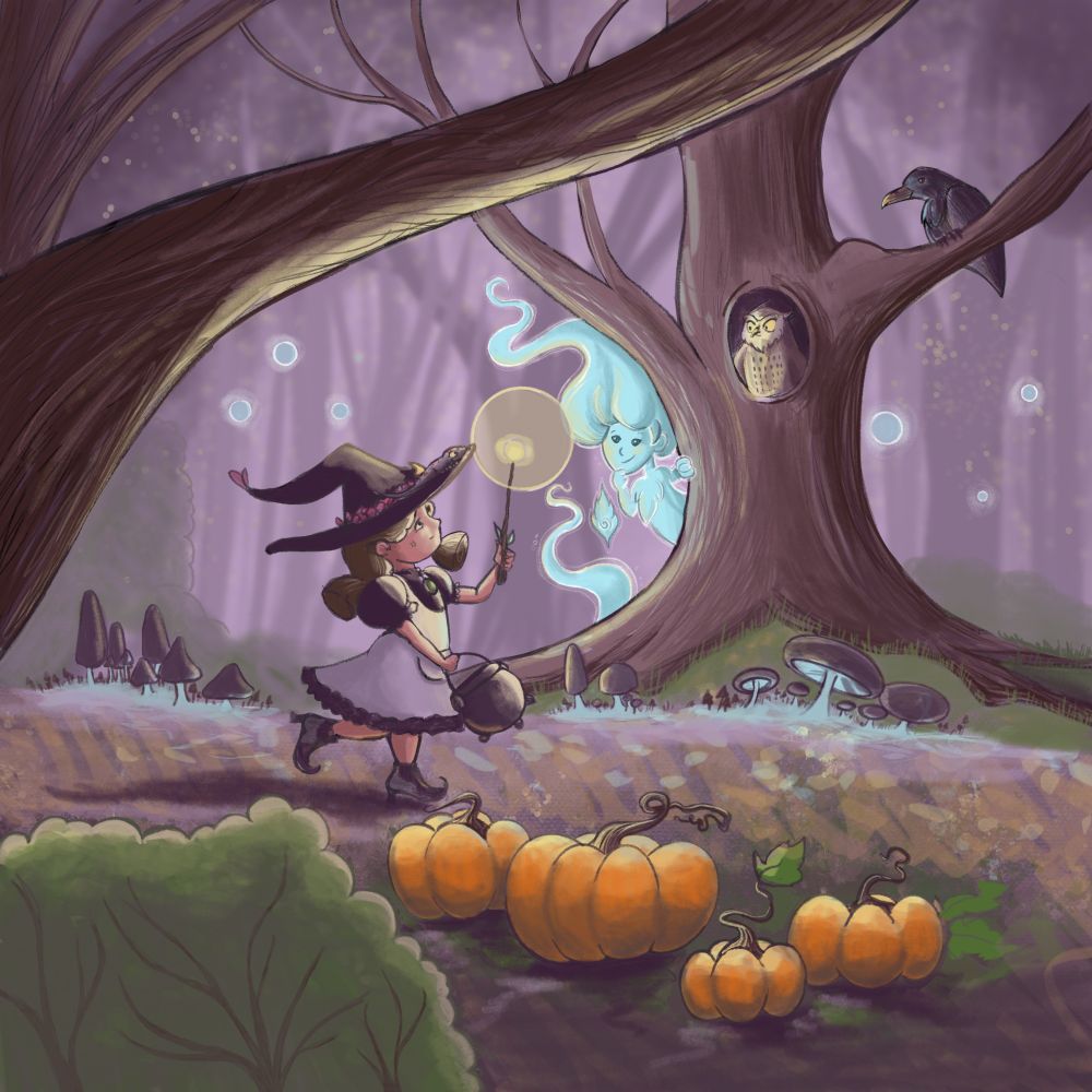 An illustration of a young witch walking through a forest. There is a ghost girl watching from behind a tree. An owl and a crow also watch the witch as she follows the light on the tip of her magic wand.