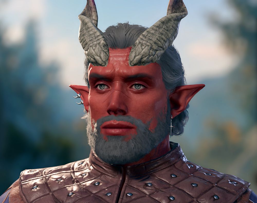 male theifling with gray hair and full beard. Gray eyes. Gray swirled horns. A scar across the nose. 