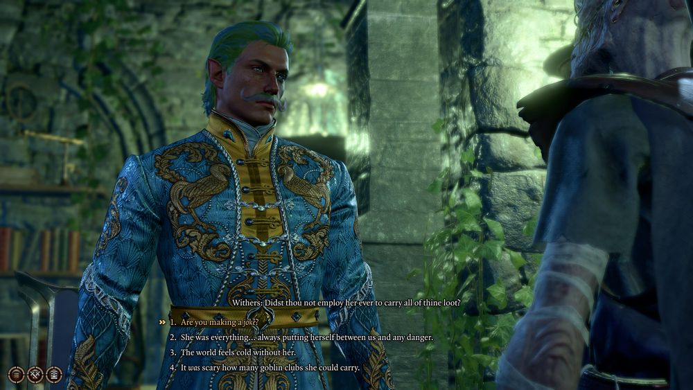 Withers saying, "Didst thou not employ her ever to carry thine loot?" in reference to the departed Karlach. 