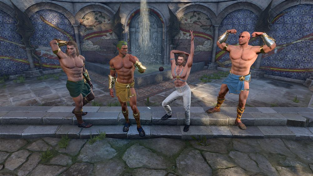 Halisan, TAV, Gale, and Minsc all in skimpy outfits pose in front of a park fountain. A lot of muscle is on display. 