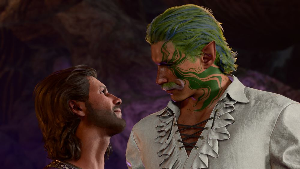 Gale and my Half Elf Wild Magic Sorcerer gazing into each other's eyes. The sorcerer's blue and green hair and twirly mustache are prominent. He also has a green face tattoo radiating from his eye in swirling lines. Gale a good head shorter than the sorcerer strains his neck upwards to gaze in the sorcerer's eyes.  