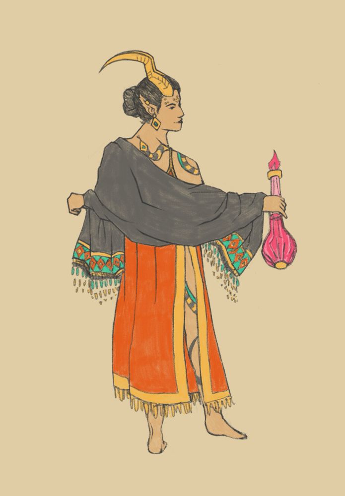 A woman with dark hair in a bun and gold horns. She is wearing an orange dress and black shawl with teal dnd gold patterning. She has snakes tattooed on her body and is holding a large pink glass bottle with pink liquid. 