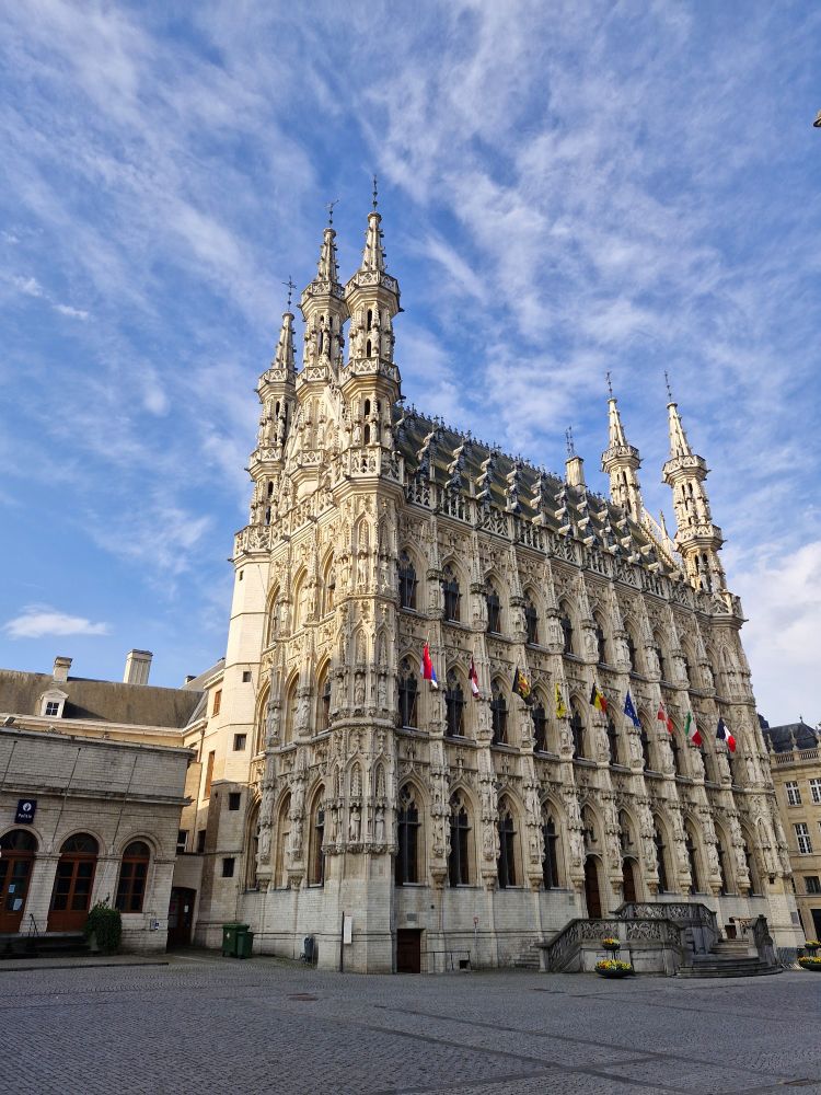 A beautiful ornate town hall flying national flags and flags of Flanders and Vlaams Brabant. An empty square and a blue sky with white clouds.