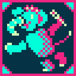 Pixel art de um elefante feliz de pé com uma coroa de flores em sua cabeça e uma rosa em sua mão esquerda