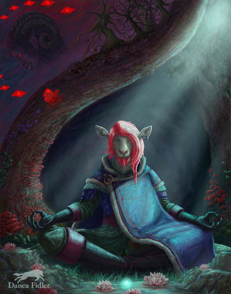 Image shows Caduceus from Critical Role's Campaign 2, The Mighty Nein, sitting in a meditative pose with hands on knees, finger tips touching, and eyes closed. He sits at the edge of a pond with lilies floating in the water and streams of water coming down rocks on the sides. Behind him is a tree that curls upward in a S shape from left to right and another oak like tree in the distance on the right. These trees frame Caduceus with a dark circle behind his head in the background. Both trees are covered in all types of colorful fungi. In the upper left corner of the piece, framed and sitting on the truck of the S shaped tree is visions of rotten trees with hand like branches, teeth coming out of the ground forming mouths, and in a background of purples and reds of the Astral Sea is a portrait of Lucien, who is framed by 9 glowing red reds, which then become a glowing butterfly sitting on the trunk of the tree. This scene is with moonlight coming from the upper right corner shinning down onto Caduceus and the forest/pond background. 
