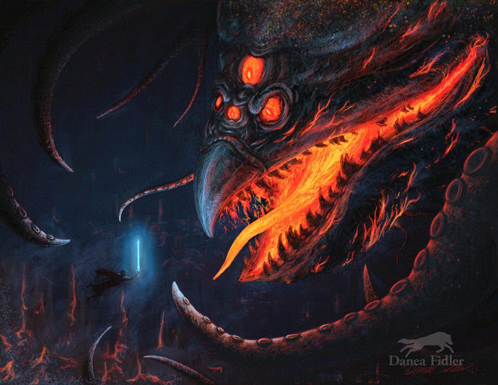 Vokodo, Fjord, The Star Razor, Mighty Nein, and story copyrighted Critical Role. Scene is in an underwater volcanic lair. Vokodo is a massive volcanic squid like creature with a sharp beak, 4 glowing red eyes, and a large glowing volcanic mouth with sharp obsidian like teeth, and lots of treasure placed on top of his head. Scene shows Vokodo’s head coming in from the upper right, reaching to about the center of the page. In the bottom left corner of the page, about 1/3 up and right of the edges of the page, is a dark silhouette of the character Fjord, holding out his bright blue glowing sword, The Star Razor, towards Vokodo’s head. Vokodo’s tentacles come in from all other sides, reaching for the Star Razor sword. One large tentacle in the foreground, with 3 smaller tentacles at the edges of the page, and then 5 smaller tentacles in the background, fading into the darkness of the lair. The lighting in the scene is coming from the glowing volcanic open mouth of Vokodo, his glowing orange/red eyes, some very dim glowing lava on the stalagmites in the bottom left, and the bright blue glow of the Star Razor sword.