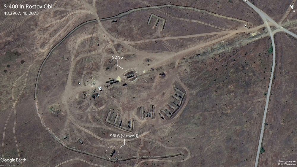 S-400 deployed near Kamensk-Shakhtinsky in Rostov Oblast as seen in a mid-July Airbus image.