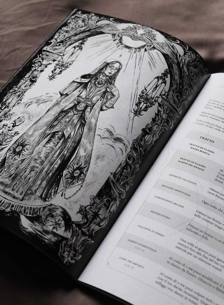 A photograph of one of the illustrations for character classes in the Chains of Gaelia Quickstart Guide, depicting Eleanore Van Baumen, the White Mage.