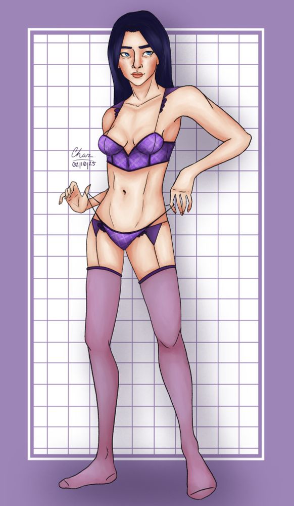 A fully body illustration of the Arcane character Caitlyn wearing purple lingerie with thigh high socks. She is pulling on the straps of her panties.
