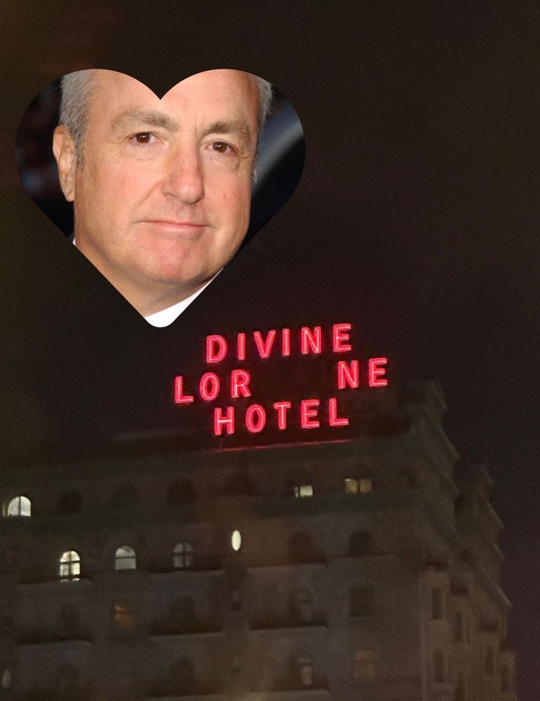 A photo of Lorne Michaels next to a photo of the Divine Lorraine Hotel in Philadelphia with the letters burnt out to say “Divine Lorne Hotel”