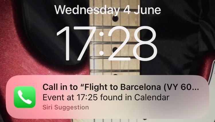Siri is suggesting that I “Call in to ‘Flight to Barcelona’…”