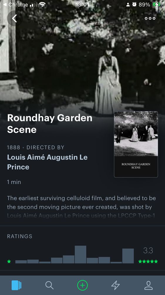 Screenshot of roundhay garden scene on letterboxd. It has been rated 3.3/5.