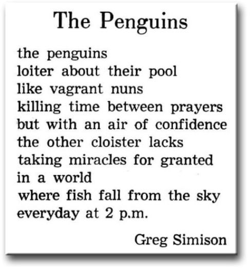 the penguins
loiter about their pool
like vagrant nuns
killing time between prayers
but with an air of confidence
the other cloister lacks
taking miracles for granted
in a world
where fish fall from the sky
everyday at 2 p.m.
..
-- Greg Simison