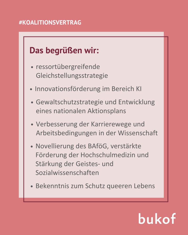 #Koalitionsvertrag
Das begrüßen wir: ressortübergreifende Gleichstellungsstrategie; Innovationsförderung im Bereich KI; Gewaltschutzstrategie und Entwicklung eines nationalen Aktionsplans; Verbesserung der Karrierewege und Arbeitsbedingungen in der Wissenschaft; Novellierung des BAföG, verstärkte Förderung der Hochschulmedizin und Stärkung der Geistes- und Sozialwissenschaften; Bekenntnis zum Schutz queeren Lebens
