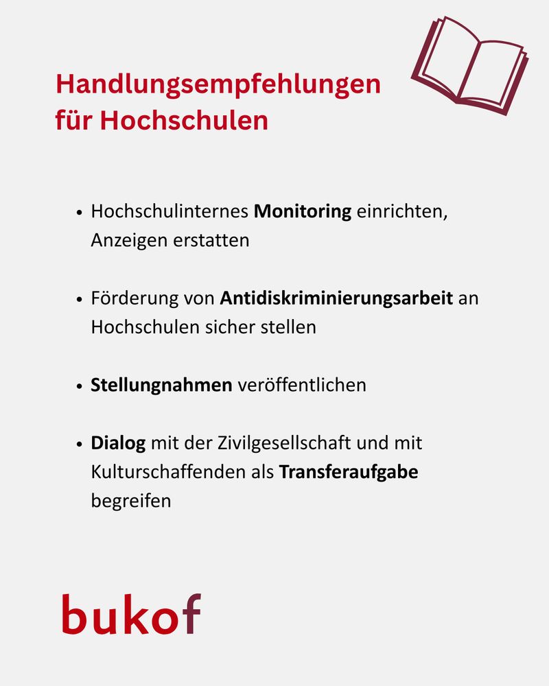 Handlungsempfehlungen für Hochschulen
•	Hochschulinternes Monitoring einrichten, Anzeigen erstatten
•	Förderung von Antidiskriminierungsarbeit an Hochschulen sicher stellen
•	Stellungnahmen veröffentlichen
•	Dialog mit der Zivilgesellschaft und mit Kulturschaffenden als Transferaufgabe begreifen