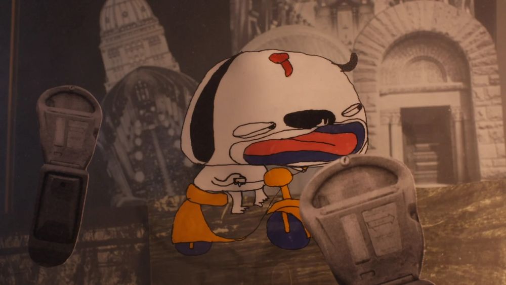 Animation cel depicting a dog riding a scooter.