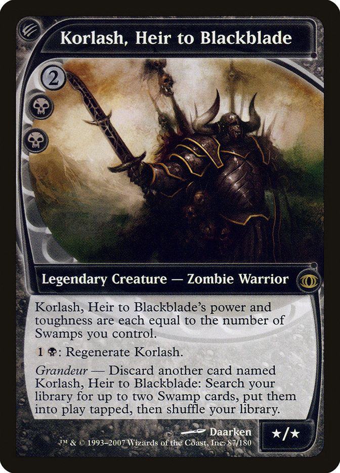 A Magic the Gathering Card, which reads:
Korlash, Heir to Blackblade 2BB
Legendary Creature — Zombie Warrior
Korlash’s power and toughness are each equal to the number of Swamps you control.
1B: Regenerate Korlash.
Grandeur — Discard another card named Korlash, Heir to Blackblade: Search your library for up to two Swamp cards, put them onto the battlefield tapped, then shuffle.
*/*
Illustrated by Daarken 