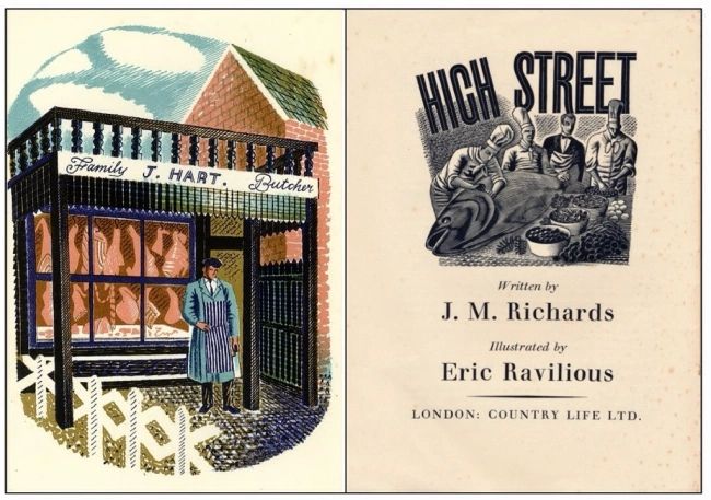 Frontispiece of a butcher's shop. Title page of High Street illus by Eric Ravillious. Orignially published 1938, facsimile reprint published by V&A, 2012. Now Thames & Hudson reissue 2022